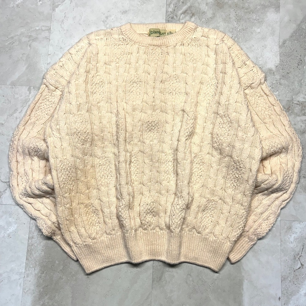 St Johns Bay Cable Knit Sweater Cream Mens XL Vintage Popcorn Texture Cotton